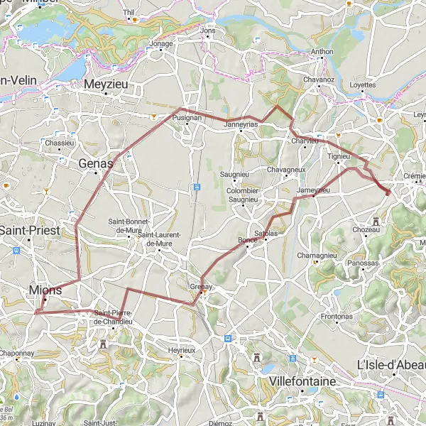 Miniatuurkaart van de fietsinspiratie "Gravelroute rond Villemoirieu" in Rhône-Alpes, France. Gemaakt door de Tarmacs.app fietsrouteplanner