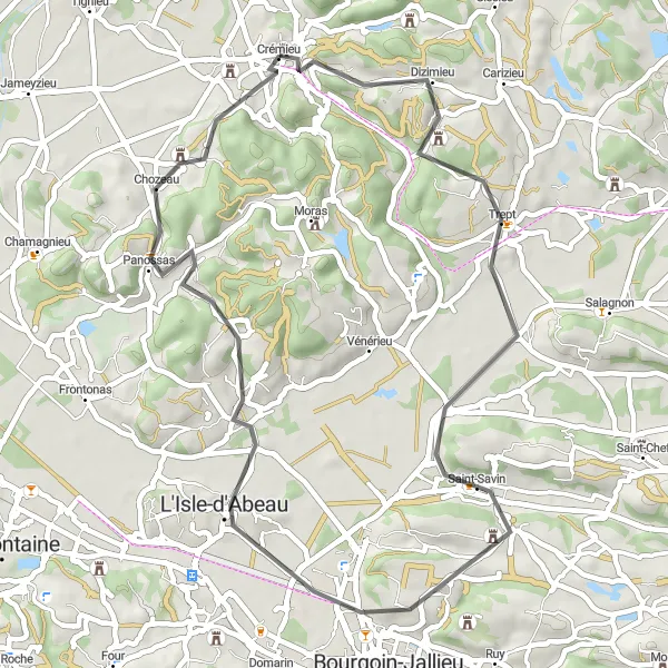 Map miniature of "Scenic Road Cycling near Villemoirieu" cycling inspiration in Rhône-Alpes, France. Generated by Tarmacs.app cycling route planner