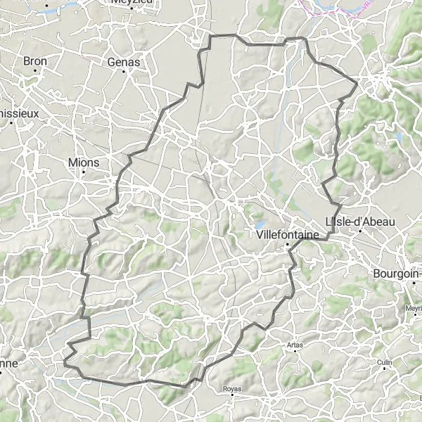 Map miniature of "Chozeau to Toussieu Road Adventure" cycling inspiration in Rhône-Alpes, France. Generated by Tarmacs.app cycling route planner