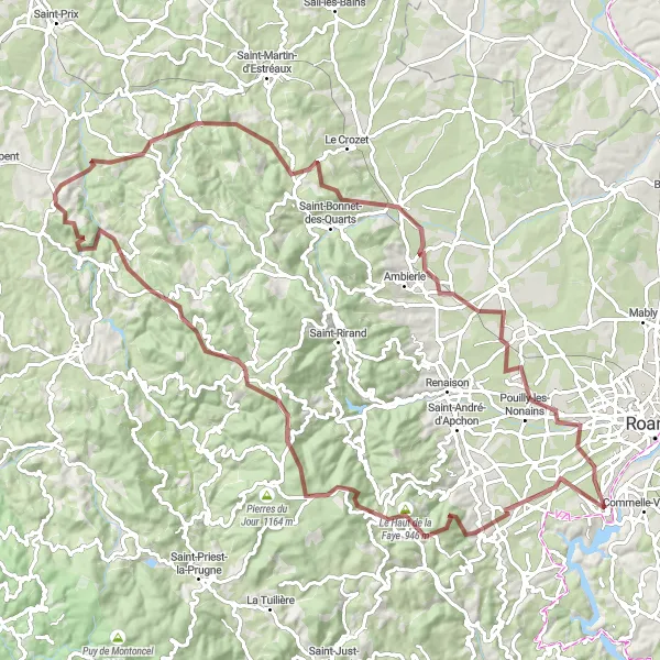 Miniature de la carte de l'inspiration cycliste "Parcours à travers les Monts de la Madeleine" dans la Rhône-Alpes, France. Générée par le planificateur d'itinéraire cycliste Tarmacs.app