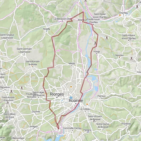 Miniature de la carte de l'inspiration cycliste "Circuit de la Bénisson-Dieu et Roanne" dans la Rhône-Alpes, France. Générée par le planificateur d'itinéraire cycliste Tarmacs.app