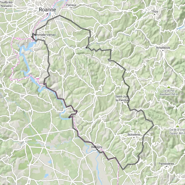 Miniature de la carte de l'inspiration cycliste "Le Circuit des Collines de la Loire" dans la Rhône-Alpes, France. Générée par le planificateur d'itinéraire cycliste Tarmacs.app