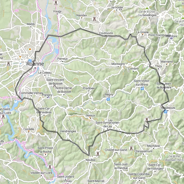 Miniature de la carte de l'inspiration cycliste "Le Tour de Roanne et ses environs" dans la Rhône-Alpes, France. Générée par le planificateur d'itinéraire cycliste Tarmacs.app