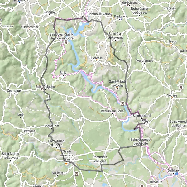 Miniature de la carte de l'inspiration cycliste "Boucle pittoresque de Villerest" dans la Rhône-Alpes, France. Générée par le planificateur d'itinéraire cycliste Tarmacs.app