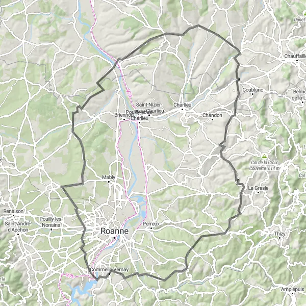 Miniature de la carte de l'inspiration cycliste "La Boucle de Riorges et ses Environs" dans la Rhône-Alpes, France. Générée par le planificateur d'itinéraire cycliste Tarmacs.app