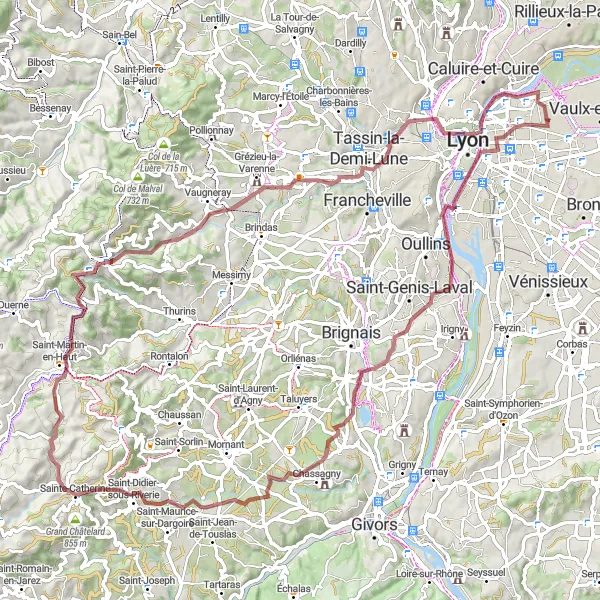 Miniature de la carte de l'inspiration cycliste "Boucle des Monts du Lyonnais" dans la Rhône-Alpes, France. Générée par le planificateur d'itinéraire cycliste Tarmacs.app
