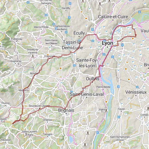 Miniature de la carte de l'inspiration cycliste "Tour des Monts du Lyonnais" dans la Rhône-Alpes, France. Générée par le planificateur d'itinéraire cycliste Tarmacs.app