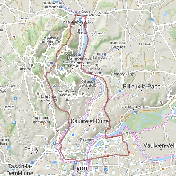 Miniature de la carte de l'inspiration cycliste "Boucle Mont Thou - Neuville-sur-Saône" dans la Rhône-Alpes, France. Générée par le planificateur d'itinéraire cycliste Tarmacs.app