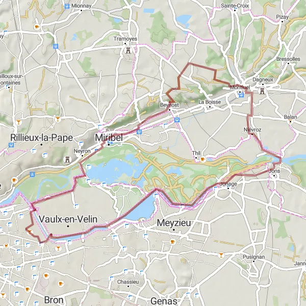 Miniature de la carte de l'inspiration cycliste "Circuit de la Dombes" dans la Rhône-Alpes, France. Générée par le planificateur d'itinéraire cycliste Tarmacs.app