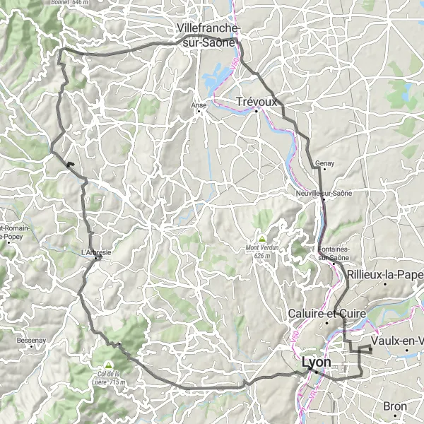 Miniature de la carte de l'inspiration cycliste "Boucle à travers les Monts du Beaujolais" dans la Rhône-Alpes, France. Générée par le planificateur d'itinéraire cycliste Tarmacs.app