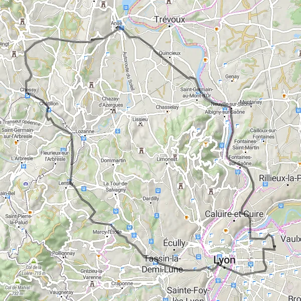 Miniature de la carte de l'inspiration cycliste "Parcours au Fil de l'eau de Lyon à Rochetaillée-sur-Saône" dans la Rhône-Alpes, France. Générée par le planificateur d'itinéraire cycliste Tarmacs.app