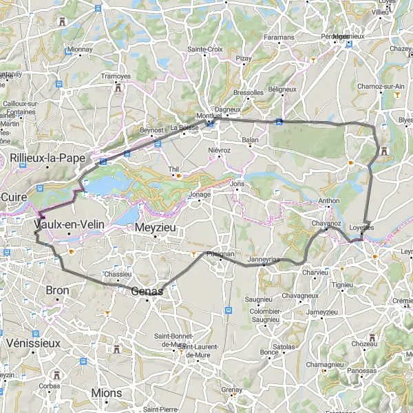 Miniature de la carte de l'inspiration cycliste "Tour de l'Est Lyonnais" dans la Rhône-Alpes, France. Générée par le planificateur d'itinéraire cycliste Tarmacs.app