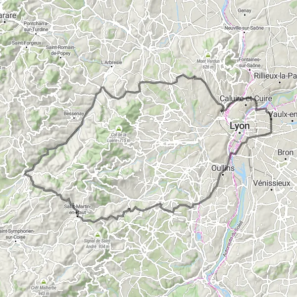 Karttaminiaatyyri "Kulttuuria ja luontoa" pyöräilyinspiraatiosta alueella Rhône-Alpes, France. Luotu Tarmacs.app pyöräilyreittisuunnittelijalla