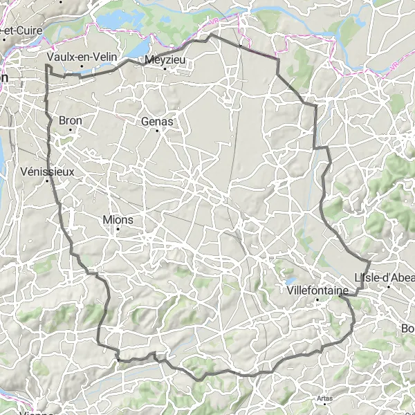 Kartminiatyr av "Äventyrscykling till Frontonas och Gare de Vénissieux" cykelinspiration i Rhône-Alpes, France. Genererad av Tarmacs.app cykelruttplanerare