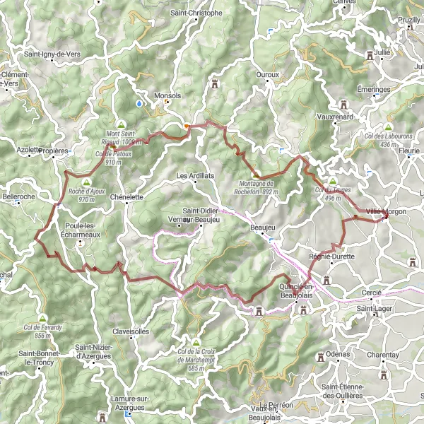 Miniatura della mappa di ispirazione al ciclismo "Avventura in bicicletta verso Avenas" nella regione di Rhône-Alpes, France. Generata da Tarmacs.app, pianificatore di rotte ciclistiche