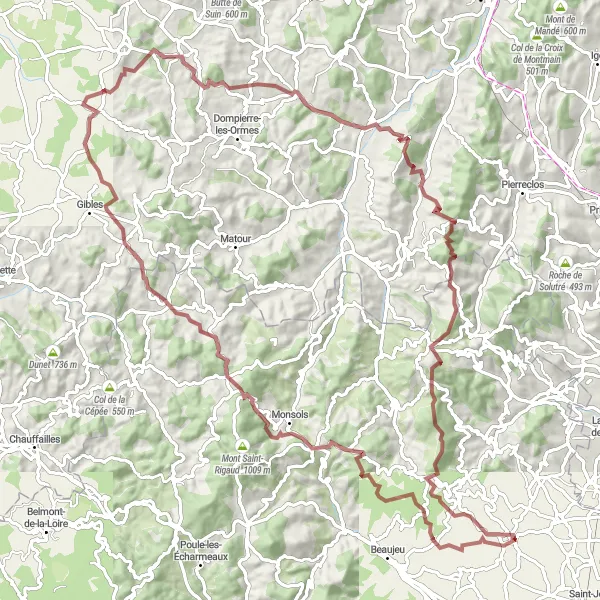 Kartminiatyr av "Episk grustur gjennom Beaujolais-fjellene" sykkelinspirasjon i Rhône-Alpes, France. Generert av Tarmacs.app sykkelrutoplanlegger
