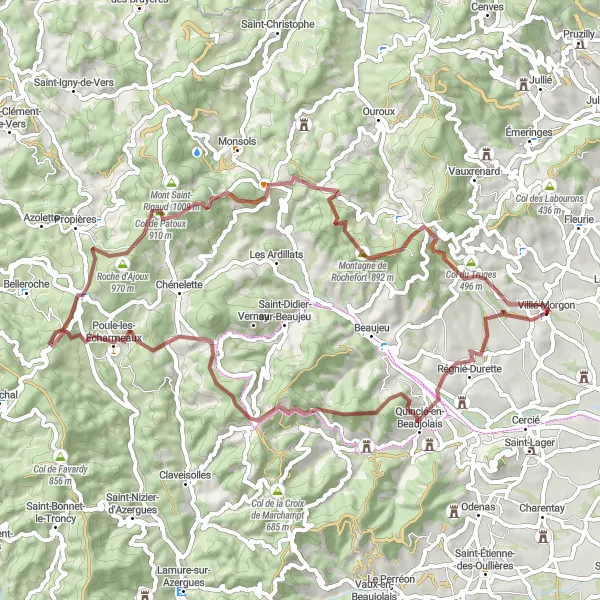 Map miniature of "Beaujolais Gravel Escape" cycling inspiration in Rhône-Alpes, France. Generated by Tarmacs.app cycling route planner