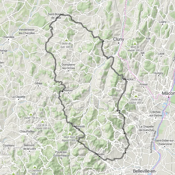 Miniatuurkaart van de fietsinspiratie "Villié-Morgon naar Fleurie Fietsroute" in Rhône-Alpes, France. Gemaakt door de Tarmacs.app fietsrouteplanner