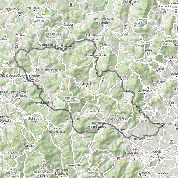 Zemljevid v pomanjšavi "Vrhunska okrožna pot po dolini Villié-Morgon" kolesarske inspiracije v Rhône-Alpes, France. Generirano z načrtovalcem kolesarskih poti Tarmacs.app