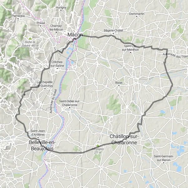 Zemljevid v pomanjšavi "Cestna kolesarska pot okoli Villié-Morgon 2" kolesarske inspiracije v Rhône-Alpes, France. Generirano z načrtovalcem kolesarskih poti Tarmacs.app