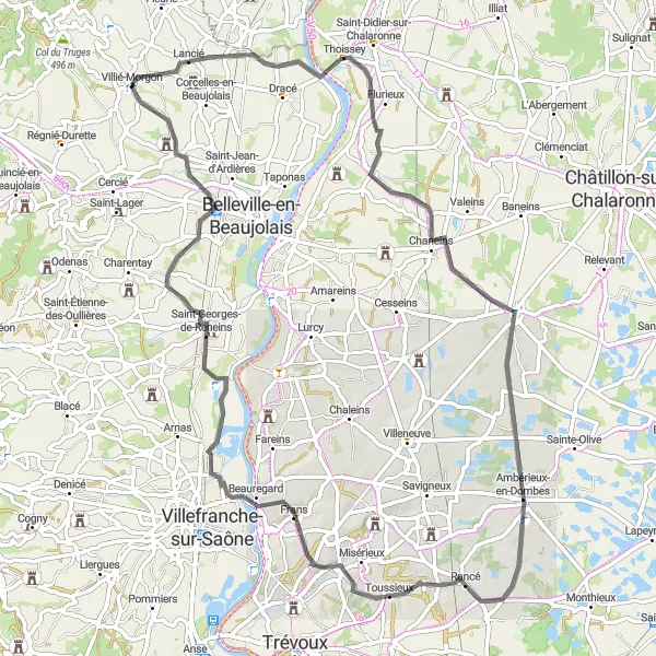 Miniatura mapy "Trasa wokół Villié-Morgon przez Peyzieux-sur-Saône i Château de Pizay" - trasy rowerowej w Rhône-Alpes, France. Wygenerowane przez planer tras rowerowych Tarmacs.app