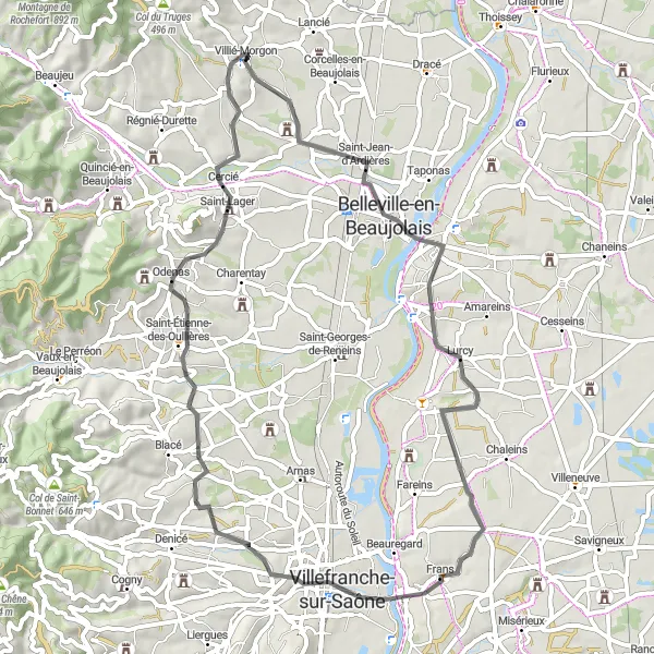 Miniature de la carte de l'inspiration cycliste "Vers les vignobles du Beaujolais" dans la Rhône-Alpes, France. Générée par le planificateur d'itinéraire cycliste Tarmacs.app