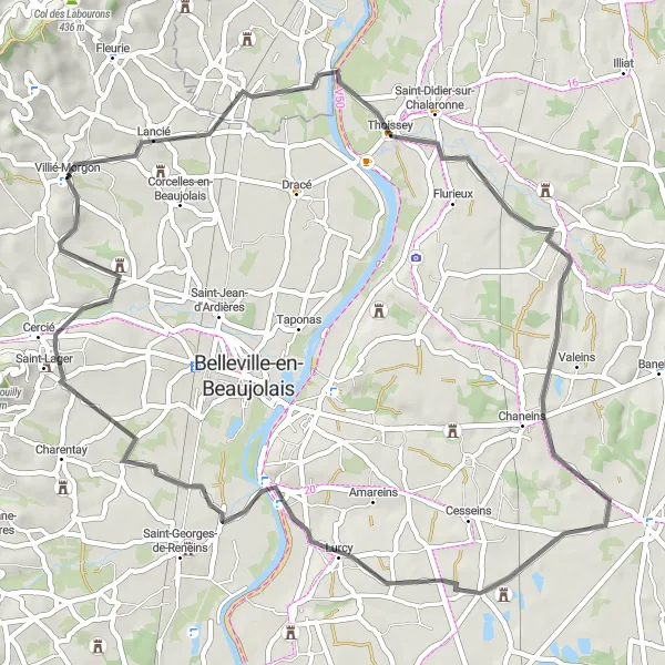 Map miniature of "The Scenic Wine Route" cycling inspiration in Rhône-Alpes, France. Generated by Tarmacs.app cycling route planner