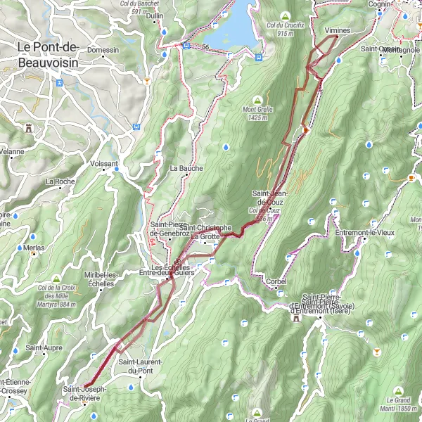 Map miniature of "Vimines Gravel Adventure" cycling inspiration in Rhône-Alpes, France. Generated by Tarmacs.app cycling route planner