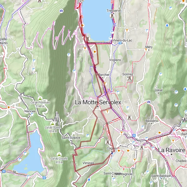 Miniature de la carte de l'inspiration cycliste "Tour du Lac du Bourget en gravel" dans la Rhône-Alpes, France. Générée par le planificateur d'itinéraire cycliste Tarmacs.app