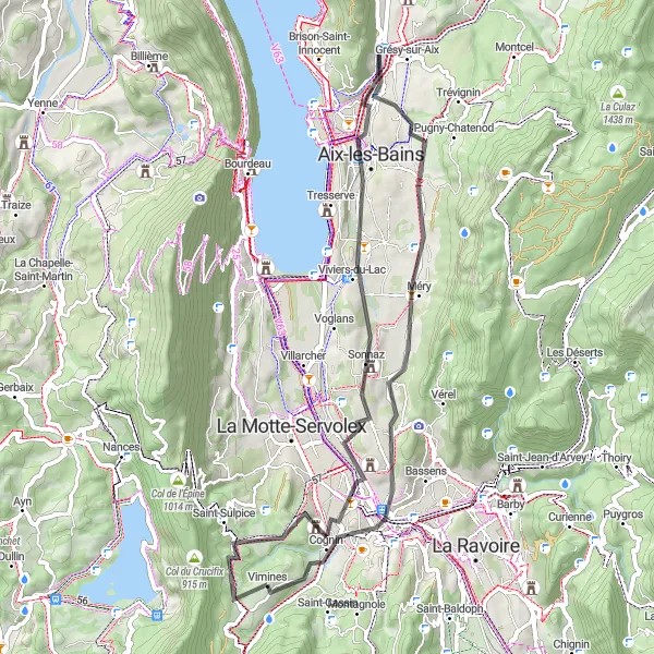 Miniatura della mappa di ispirazione al ciclismo "Tour tra natura e cultura a Vimines e dintorni" nella regione di Rhône-Alpes, France. Generata da Tarmacs.app, pianificatore di rotte ciclistiche