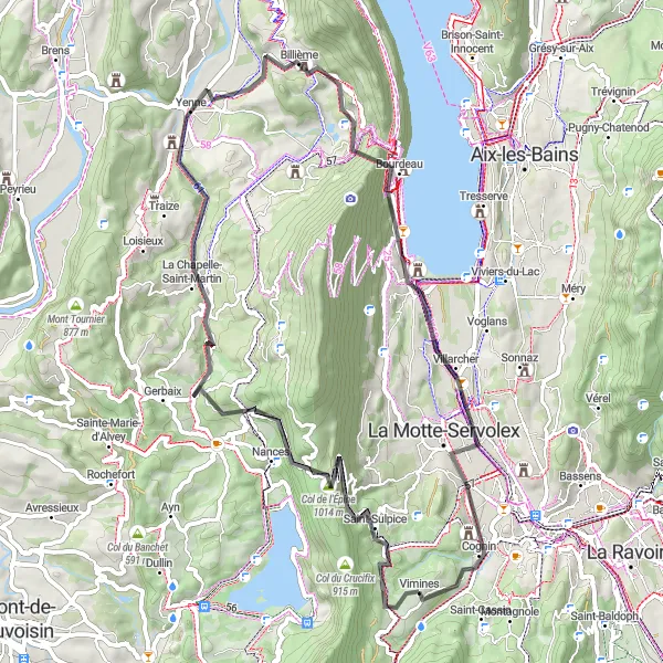 Miniature de la carte de l'inspiration cycliste "Boucle des cols alpins en route" dans la Rhône-Alpes, France. Générée par le planificateur d'itinéraire cycliste Tarmacs.app