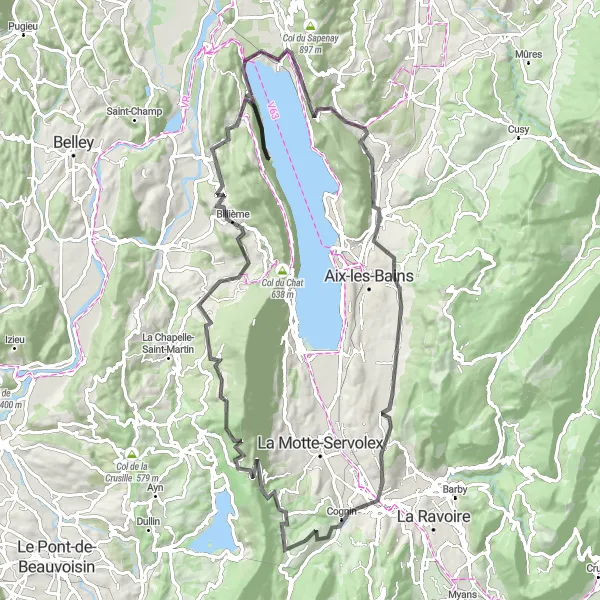 Miniatura della mappa di ispirazione al ciclismo "Rotonda ciclabile verso Saint-Jean-de-Chevelu" nella regione di Rhône-Alpes, France. Generata da Tarmacs.app, pianificatore di rotte ciclistiche