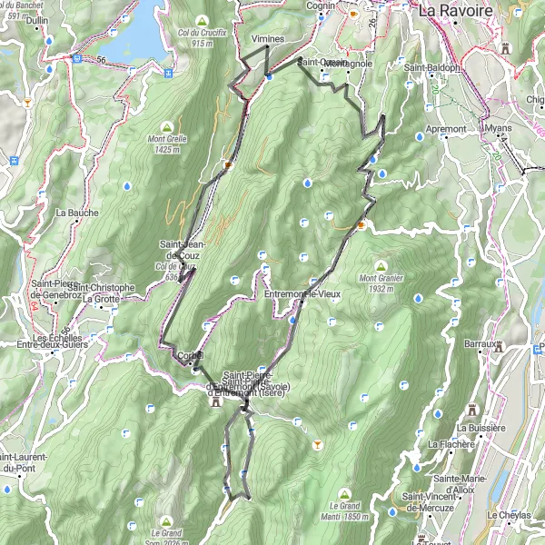 Karttaminiaatyyri "64 kilometrin mittainen pyöräilyreitti Montagnolestä Saint-Pierre-d'Entremontiin" pyöräilyinspiraatiosta alueella Rhône-Alpes, France. Luotu Tarmacs.app pyöräilyreittisuunnittelijalla