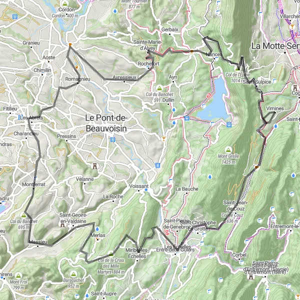 Map miniature of "Scenic Route through Rhône-Alpes" cycling inspiration in Rhône-Alpes, France. Generated by Tarmacs.app cycling route planner