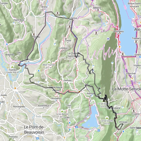Miniature de la carte de l'inspiration cycliste "Challenge des cols alpins en route" dans la Rhône-Alpes, France. Générée par le planificateur d'itinéraire cycliste Tarmacs.app