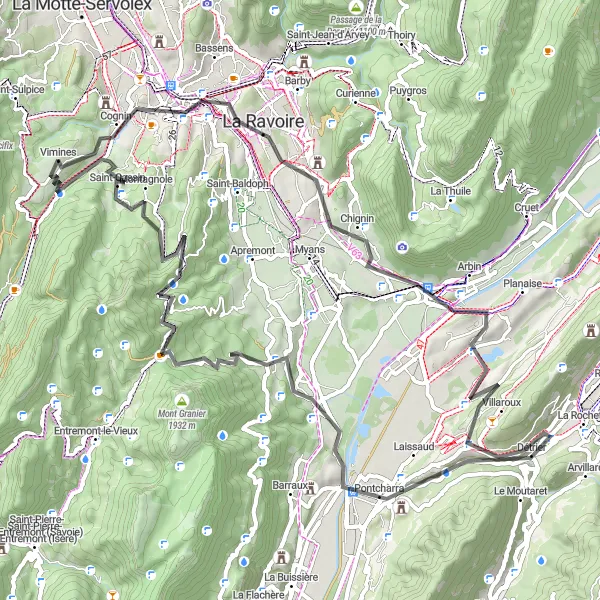 Karttaminiaatyyri "Pyöräilyreitti Viminesin läheltä: Chambéry ja Col du Granier" pyöräilyinspiraatiosta alueella Rhône-Alpes, France. Luotu Tarmacs.app pyöräilyreittisuunnittelijalla