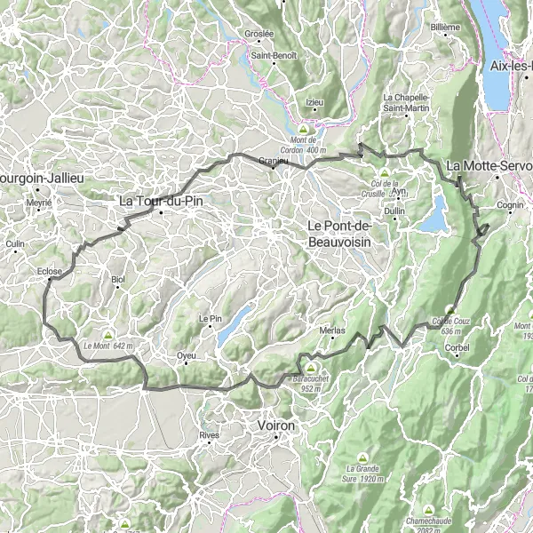 Zemljevid v pomanjšavi "Razgibana pot po itinerarju Vimines" kolesarske inspiracije v Rhône-Alpes, France. Generirano z načrtovalcem kolesarskih poti Tarmacs.app