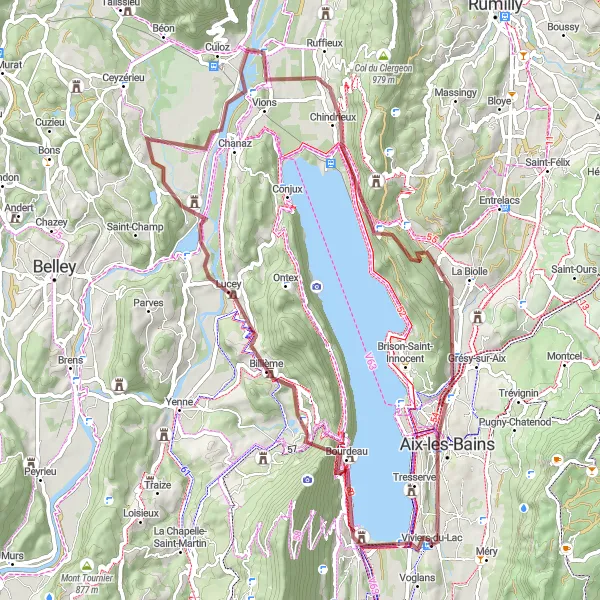 Miniatuurkaart van de fietsinspiratie "Gravelroute via Bourdeau en Chindrieux" in Rhône-Alpes, France. Gemaakt door de Tarmacs.app fietsrouteplanner