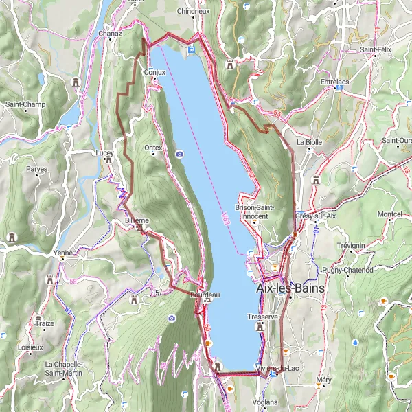 Zemljevid v pomanjšavi "Gravlovski užitki okoli Viviers-du-Lac" kolesarske inspiracije v Rhône-Alpes, France. Generirano z načrtovalcem kolesarskih poti Tarmacs.app