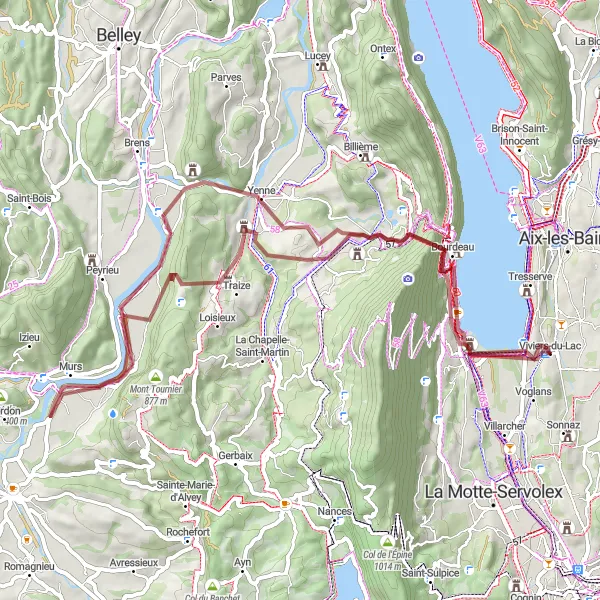 Zemljevid v pomanjšavi "Gravel kolesarska pot do Le Bourget-du-Lac" kolesarske inspiracije v Rhône-Alpes, France. Generirano z načrtovalcem kolesarskih poti Tarmacs.app