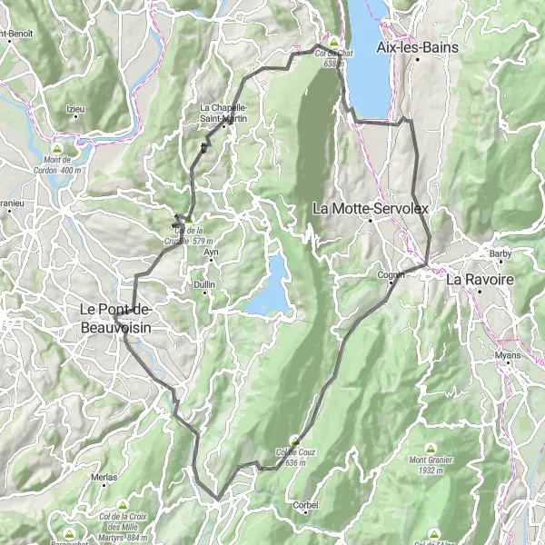 Miniatura della mappa di ispirazione al ciclismo "Giro panoramico in bicicletta partendo da Viviers-du-Lac" nella regione di Rhône-Alpes, France. Generata da Tarmacs.app, pianificatore di rotte ciclistiche