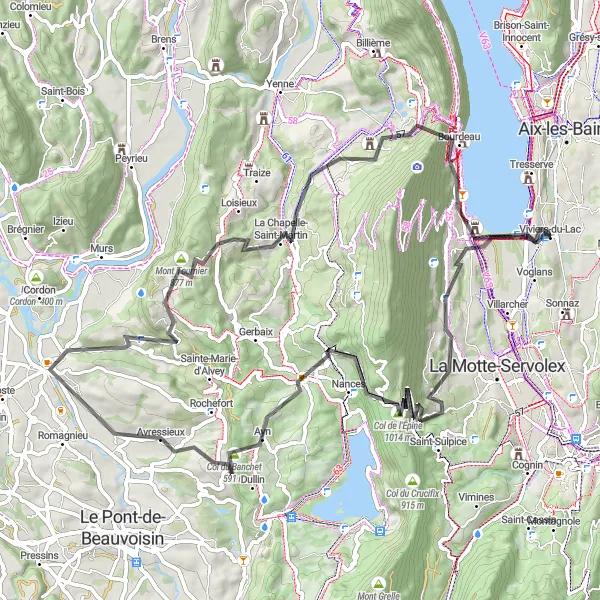 Miniatua del mapa de inspiración ciclista "Exploración en carretera alrededor de Viviers-du-Lac" en Rhône-Alpes, France. Generado por Tarmacs.app planificador de rutas ciclistas