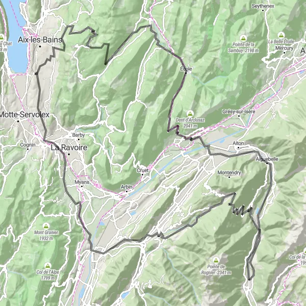 Map miniature of "Road Cycling: Enchanted Landscapes of Savoie" cycling inspiration in Rhône-Alpes, France. Generated by Tarmacs.app cycling route planner