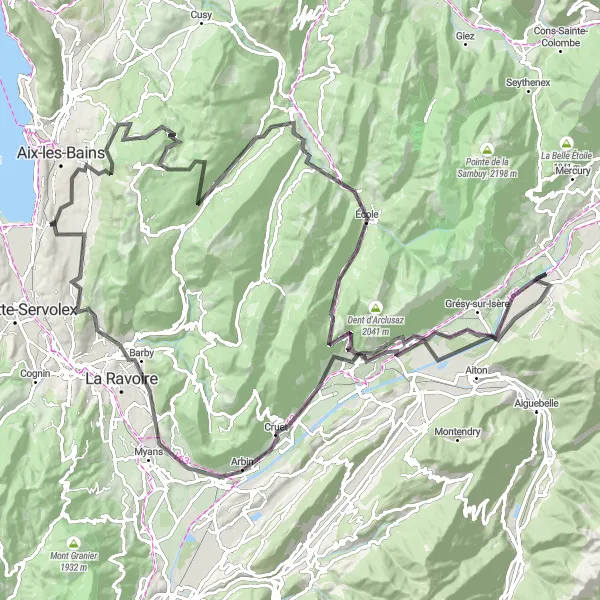 Miniatua del mapa de inspiración ciclista "Ruta Escénica por Col du Frêne y Montmélian" en Rhône-Alpes, France. Generado por Tarmacs.app planificador de rutas ciclistas