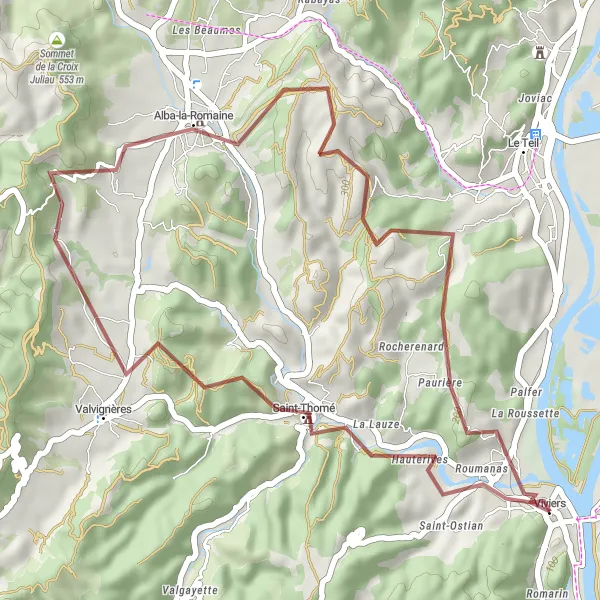 Miniatua del mapa de inspiración ciclista "Ruta de ciclismo en gravilla a través de Valvignères y La Moutte" en Rhône-Alpes, France. Generado por Tarmacs.app planificador de rutas ciclistas