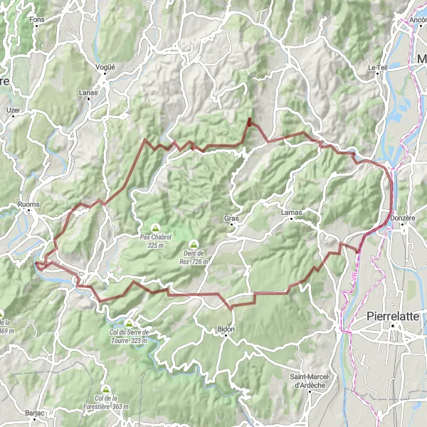 Miniatua del mapa de inspiración ciclista "Aventura en Gravel a Vallon-Pont-d'Arc" en Rhône-Alpes, France. Generado por Tarmacs.app planificador de rutas ciclistas