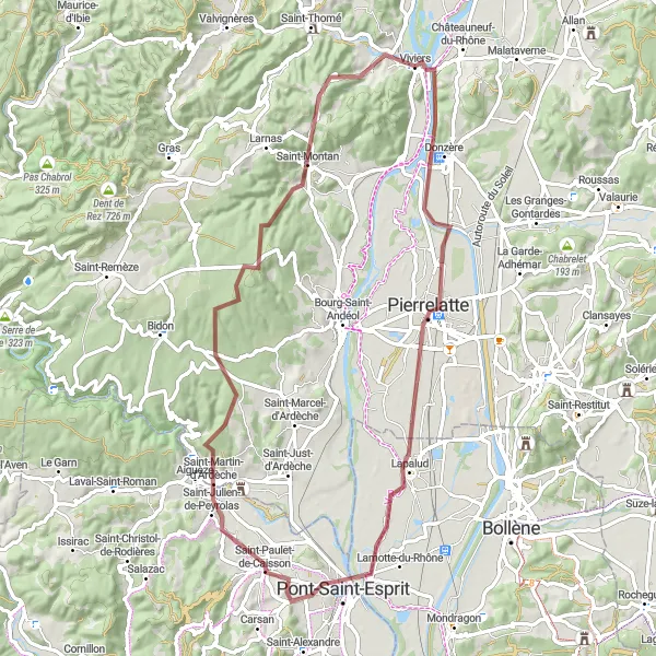 Map miniature of "Gravel Journey to Saint-Montan via Pierrelatte" cycling inspiration in Rhône-Alpes, France. Generated by Tarmacs.app cycling route planner