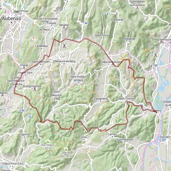 Miniature de la carte de l'inspiration cycliste "Le circuit de Saint-Jean-le-Centenier" dans la Rhône-Alpes, France. Générée par le planificateur d'itinéraire cycliste Tarmacs.app