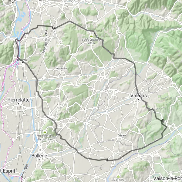Map miniature of "Les Collines du Vivarais" cycling inspiration in Rhône-Alpes, France. Generated by Tarmacs.app cycling route planner