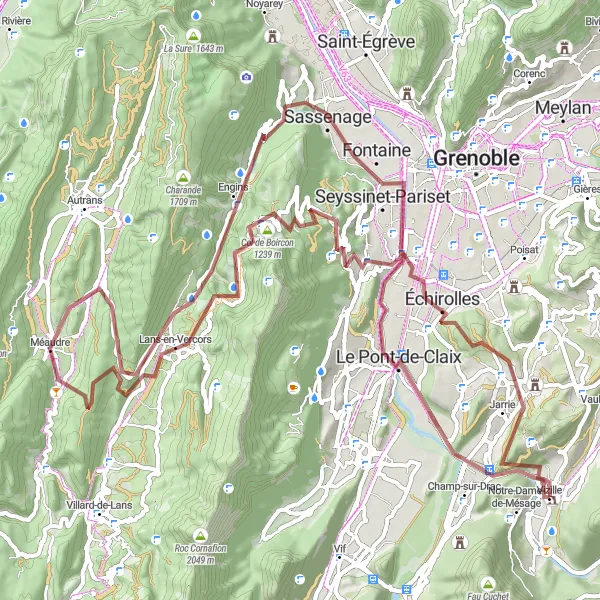 Zemljevid v pomanjšavi "Raznolika gravel avantura" kolesarske inspiracije v Rhône-Alpes, France. Generirano z načrtovalcem kolesarskih poti Tarmacs.app